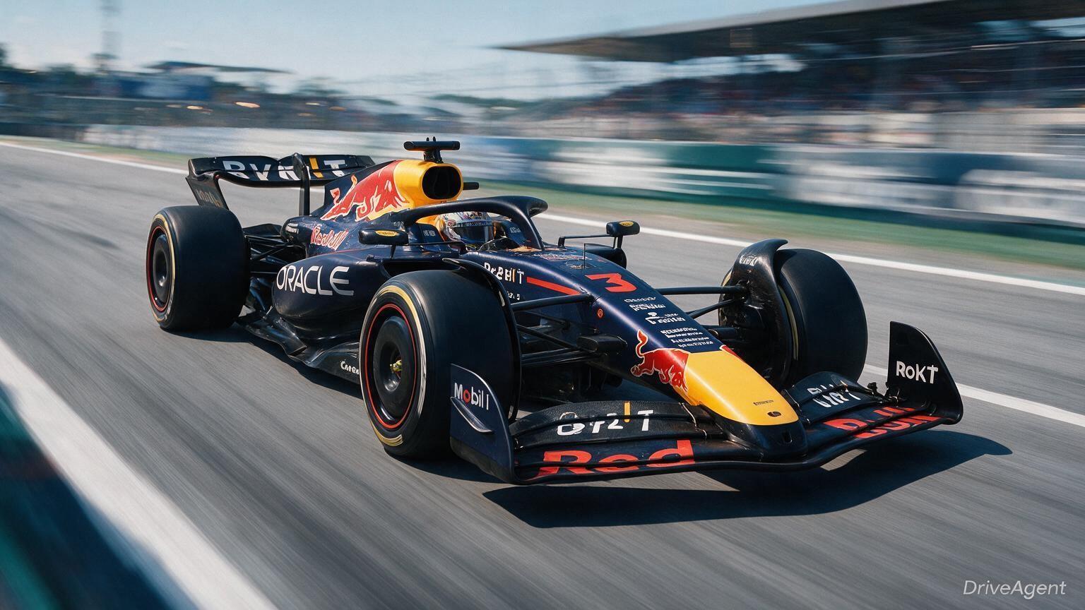 Editorial illustration of Red Bull RB22, Red Bull car number 3, in a racing setting