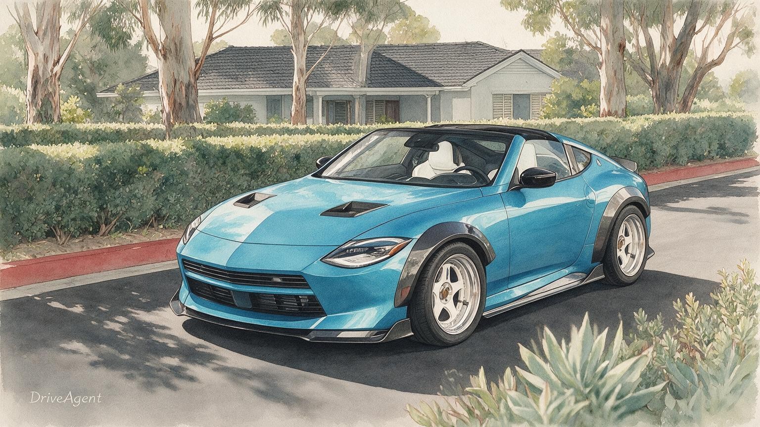 AI editorial illustration of the Nissan Z Kaze T-top concept
