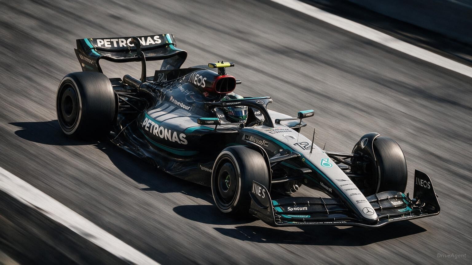 Editorial illustration of Mercedes-AMG W17, Mercedes car number 12, in a racing setting