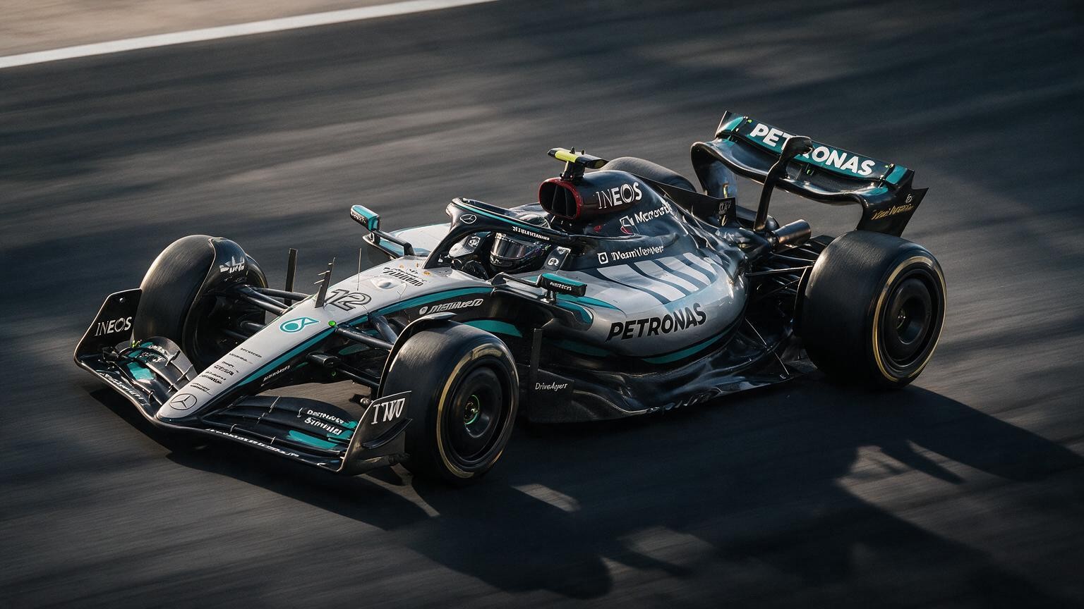Editorial illustration of Mercedes-AMG W17, Mercedes car number 12, in a racing setting