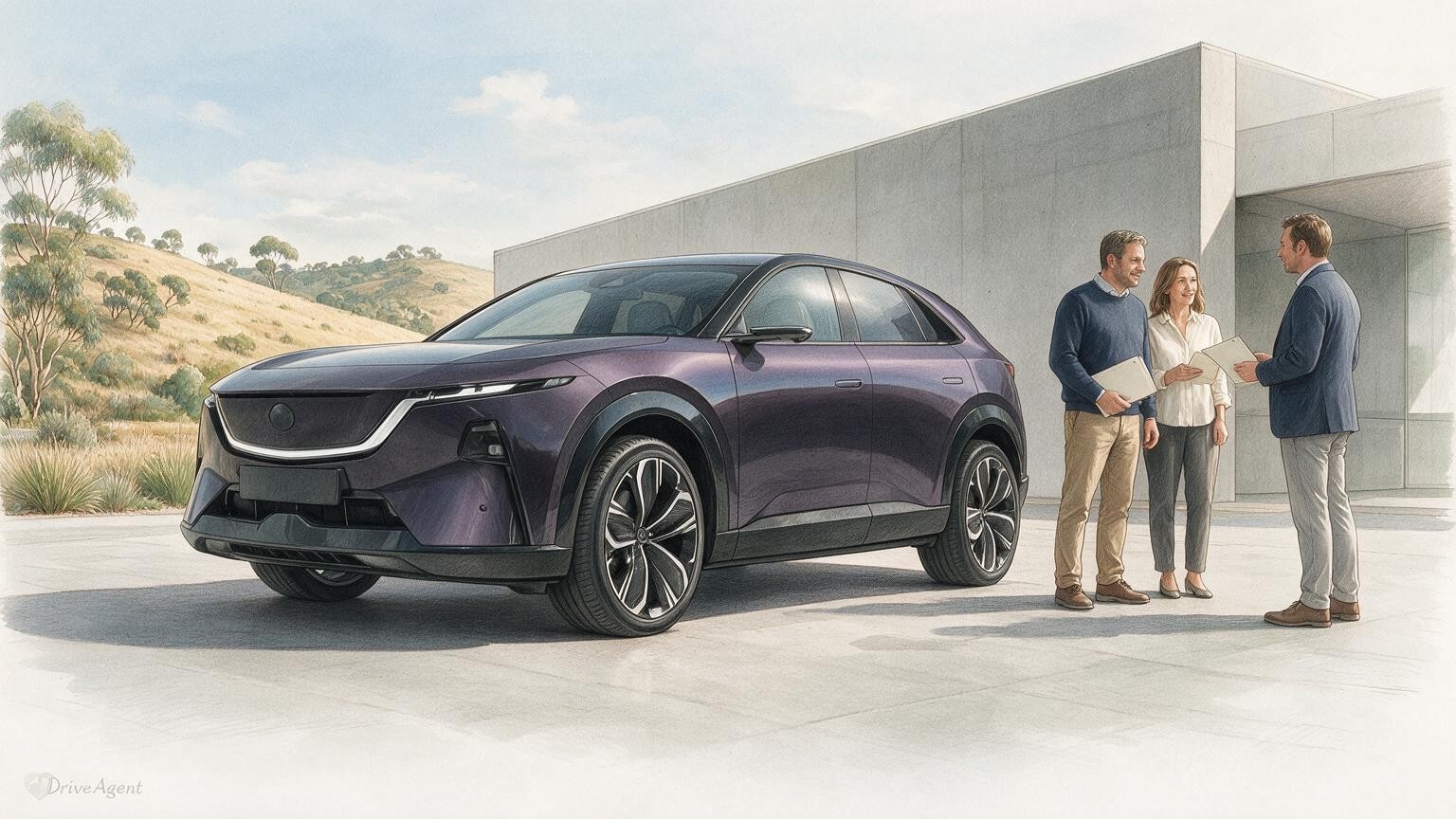 AI editorial illustration of the Mazda CX-6e electric SUV
