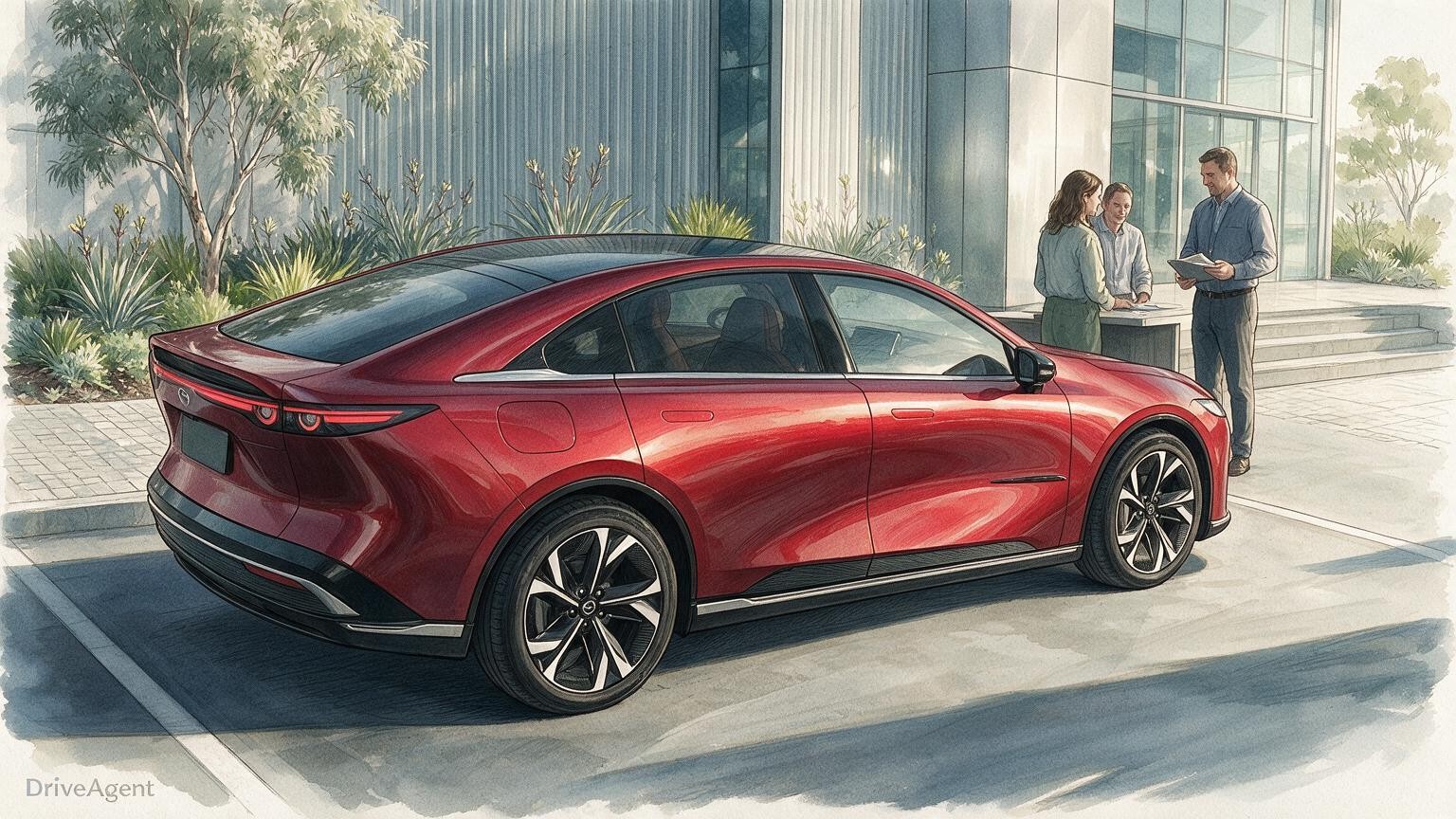 AI editorial illustration of the Mazda 6e