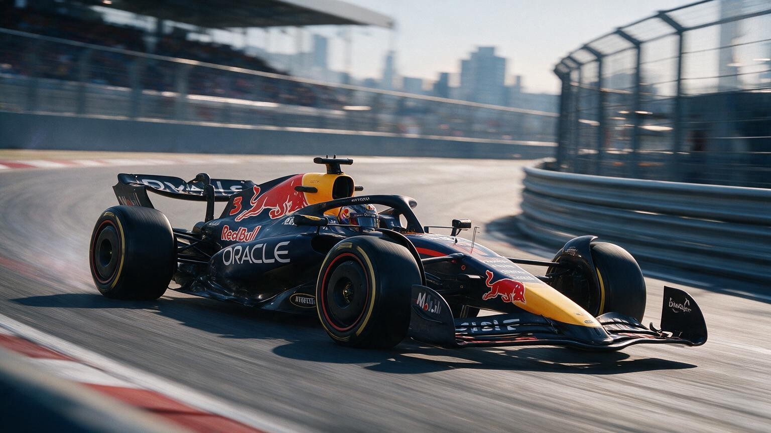 Editorial illustration of Red Bull RB22, Red Bull car number 3, in a racing setting