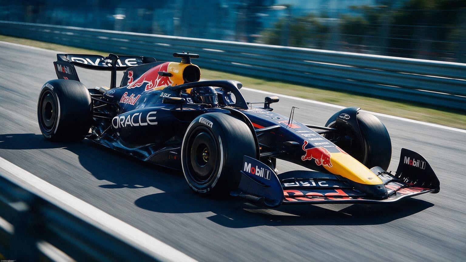 Editorial illustration of Red Bull RB22, Red Bull car number 3, in a racing setting