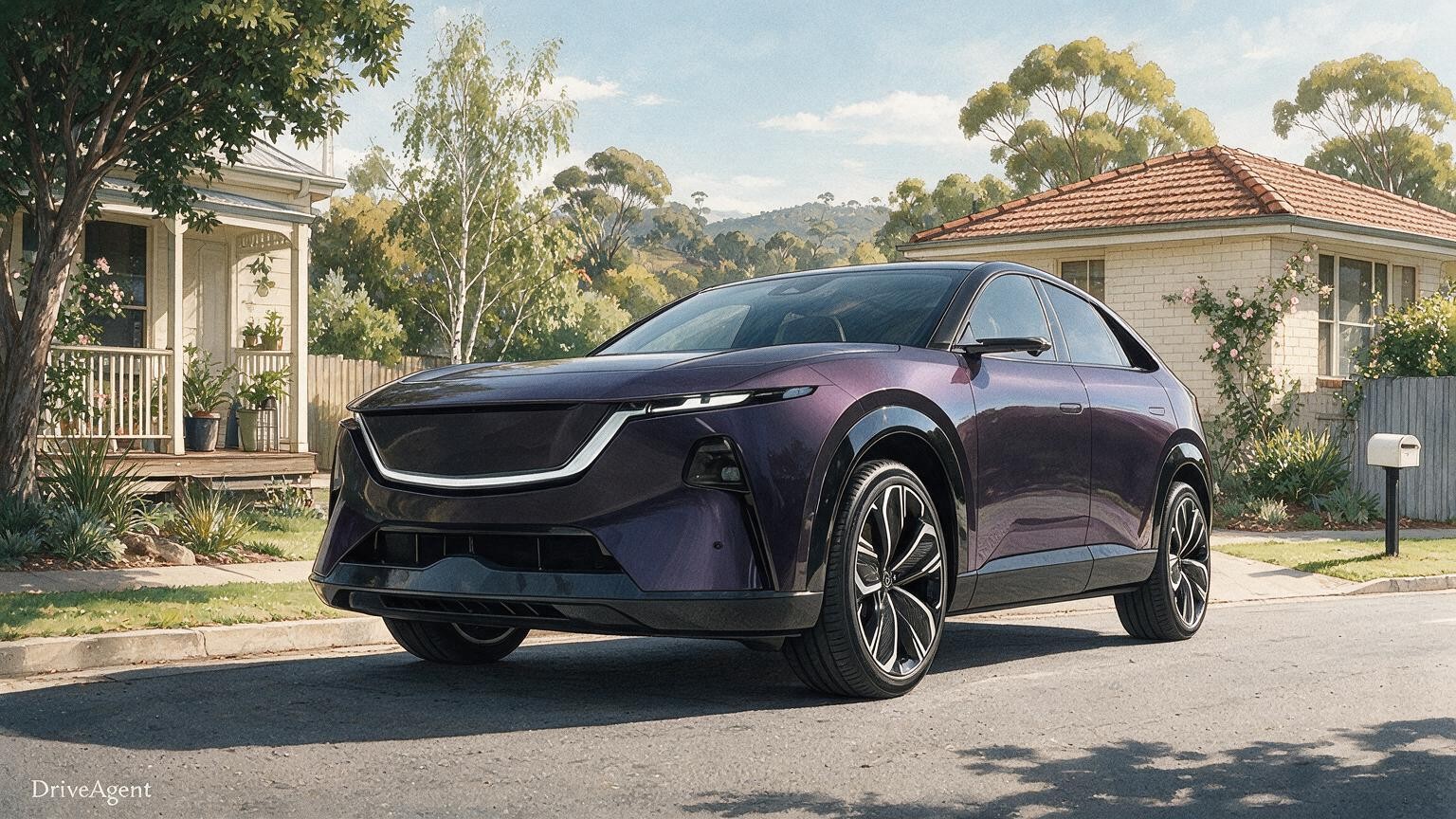 AI editorial illustration of the Mazda CX-6e electric SUV