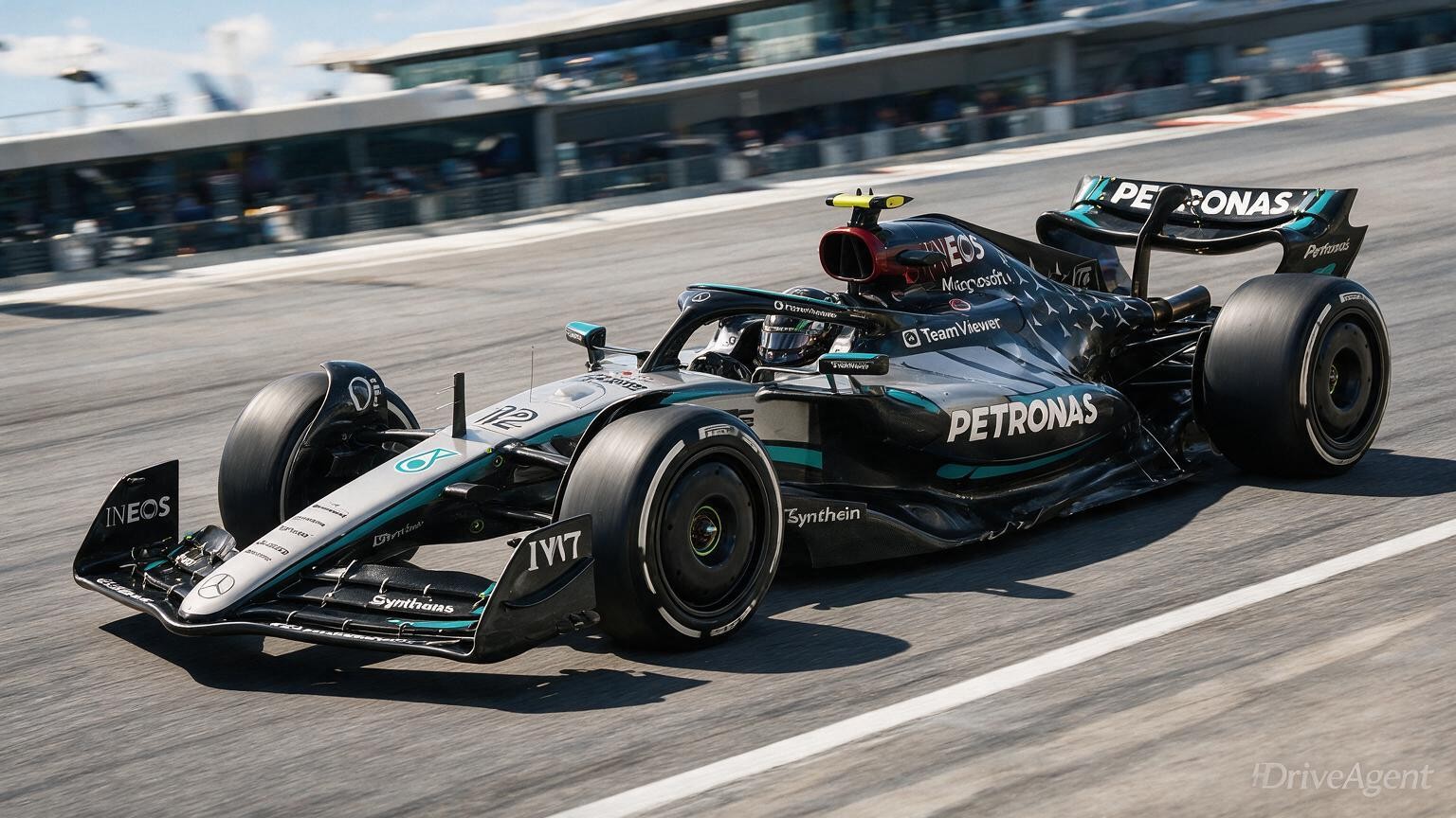 Editorial illustration of Mercedes-AMG W17, Mercedes car number 12, in a racing setting