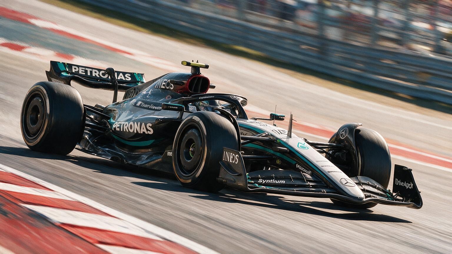 Editorial illustration of Mercedes-AMG W17, Mercedes car number 12, in a racing setting