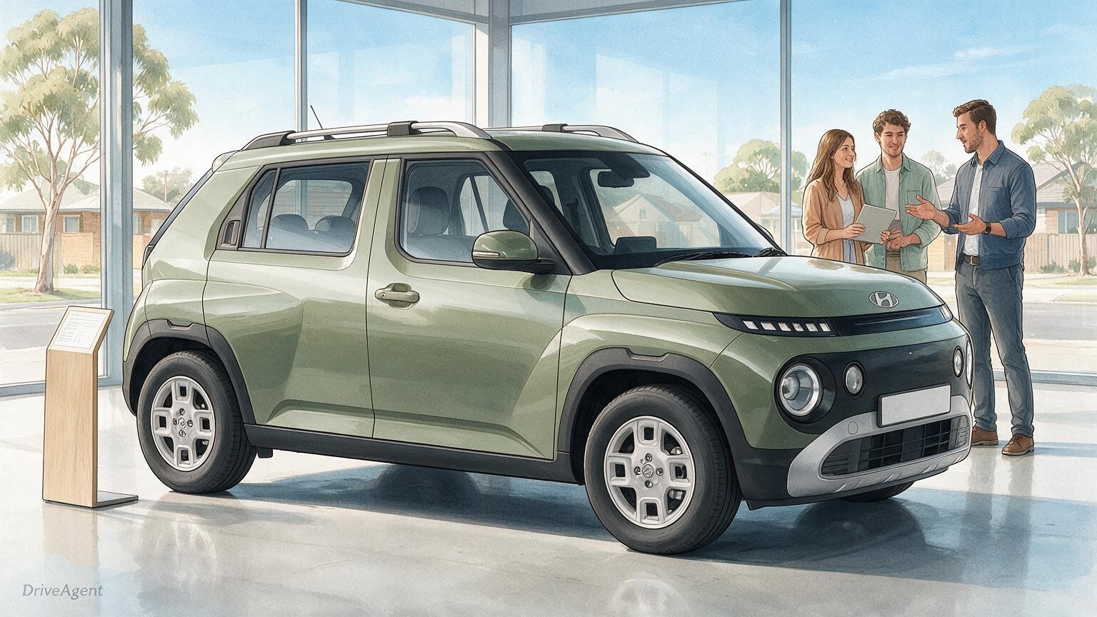 AI editorial illustration of the Hyundai Inster