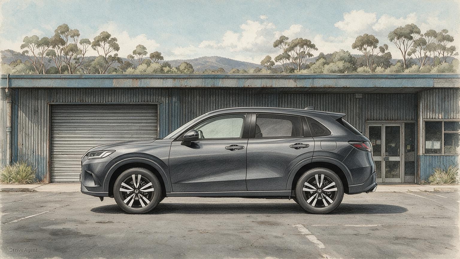 AI editorial illustration of the Honda ZR-V e:HEV LX