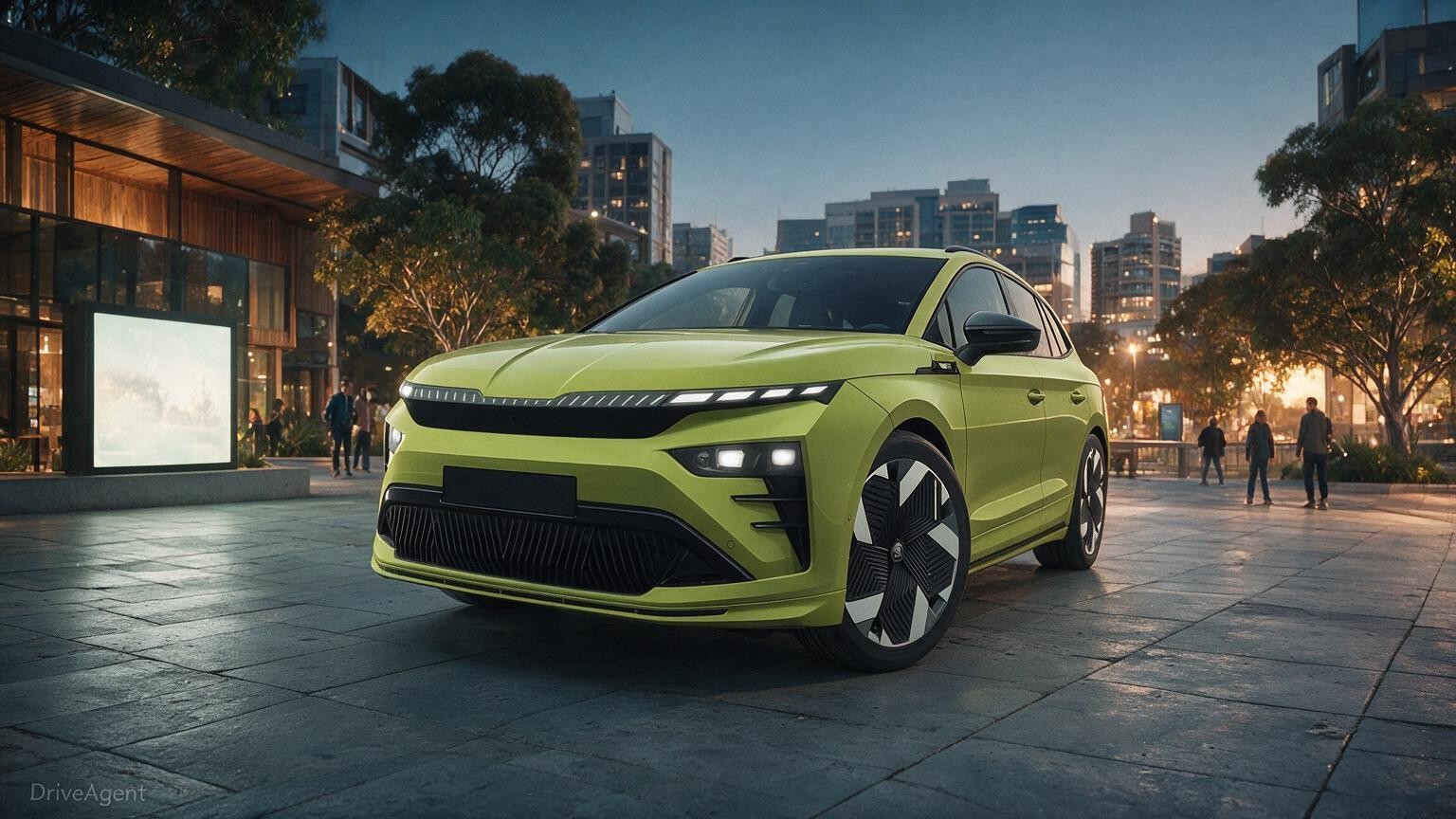 AI editorial illustration of the Škoda Enyaq RS
