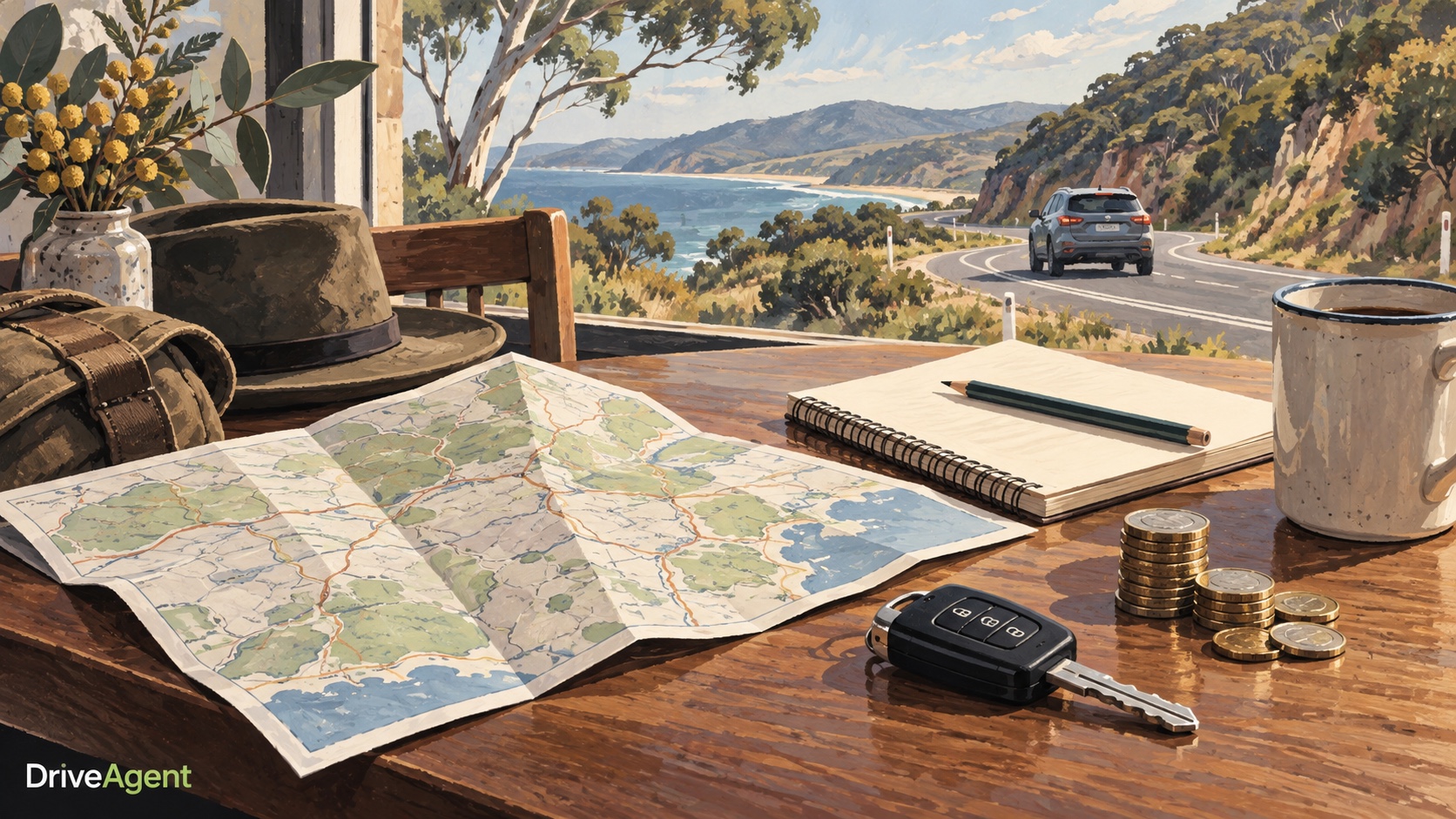 Editorial illustration: A road map, car keys and coins representing the road-user charging debate.