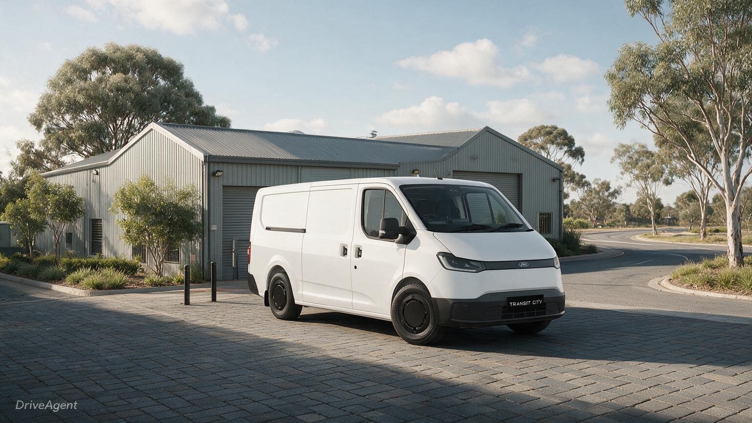 AI editorial illustration of a Ford Transit City electric van, overseas vehicle shown by Ford Australia