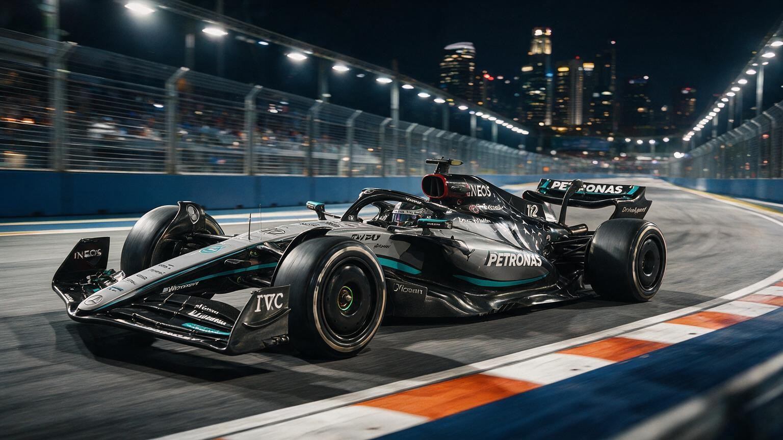 Editorial illustration of Mercedes-AMG W17, Mercedes car number 12, in a racing setting