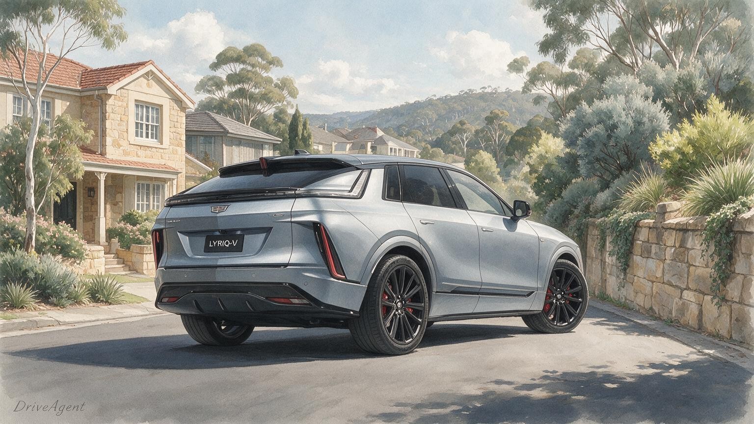 AI editorial illustration of a Cadillac Lyriq-V