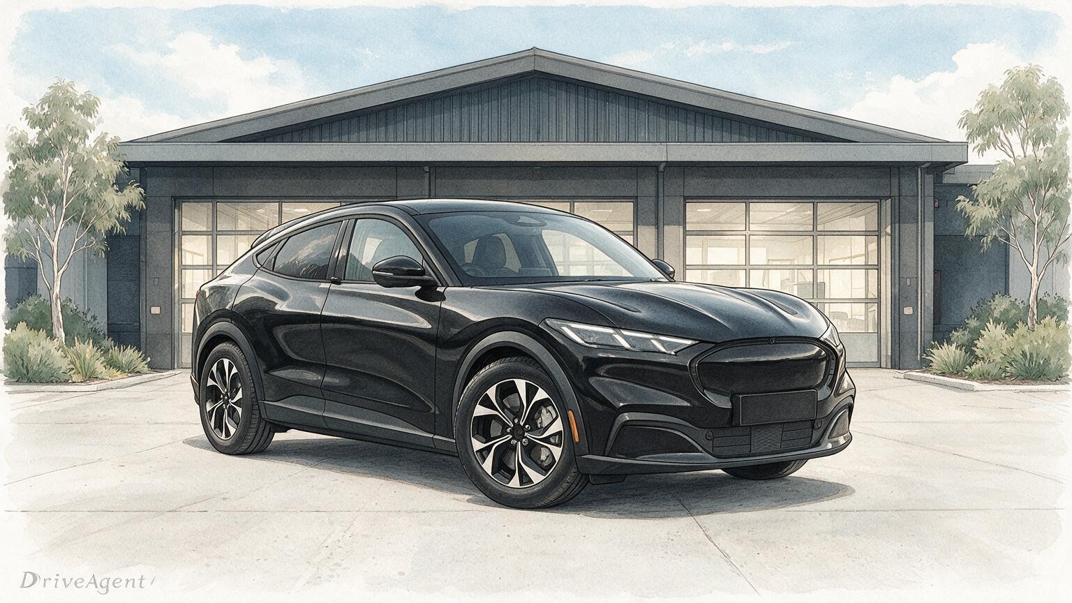 AI editorial illustration of the Ford Mustang Mach-E electric SUV