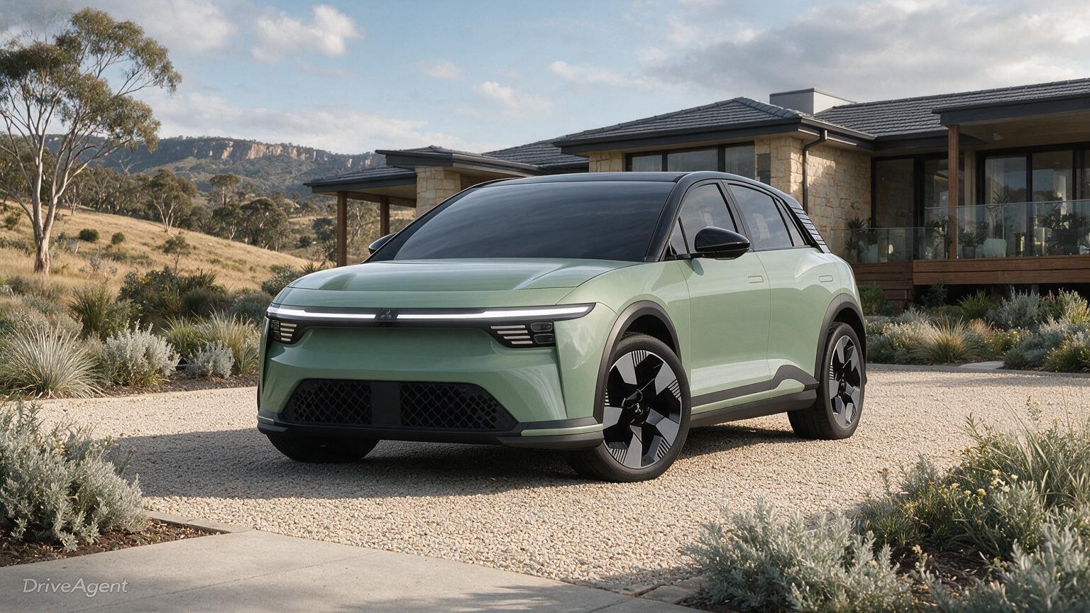 AI editorial illustration of the Mitsubishi ASX VR-e battery-electric SUV, official launch reference