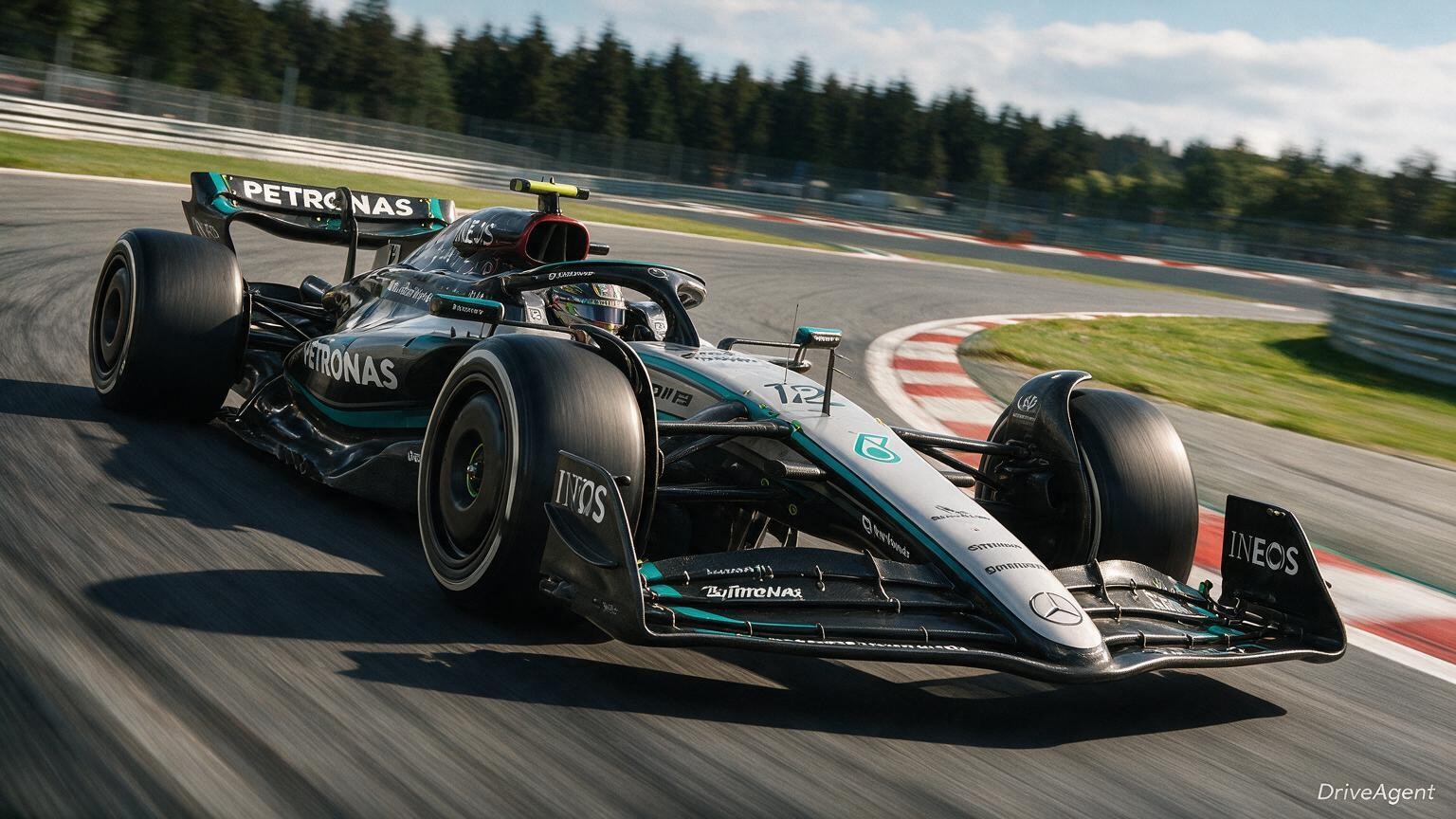 Editorial illustration of Mercedes-AMG W17, Mercedes car number 12, in a racing setting