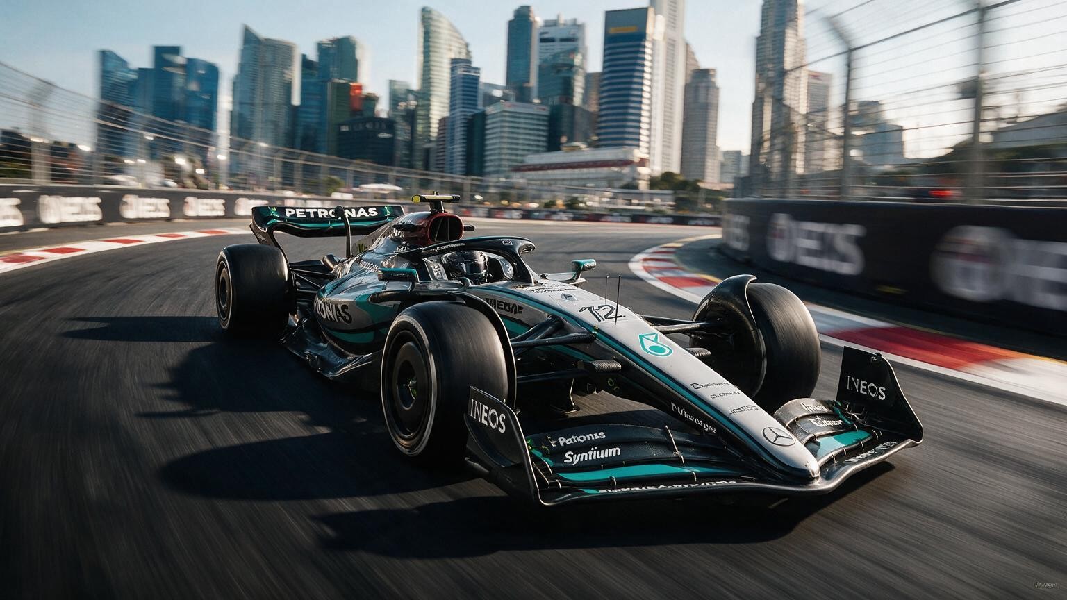 Editorial illustration of Mercedes-AMG W17, Mercedes car number 12, in a racing setting