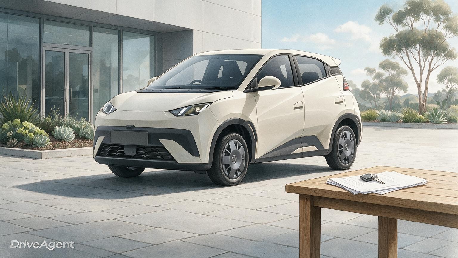 AI editorial illustration of the BYD Atto 1 Essential, Australian manufacturer configurator reference
