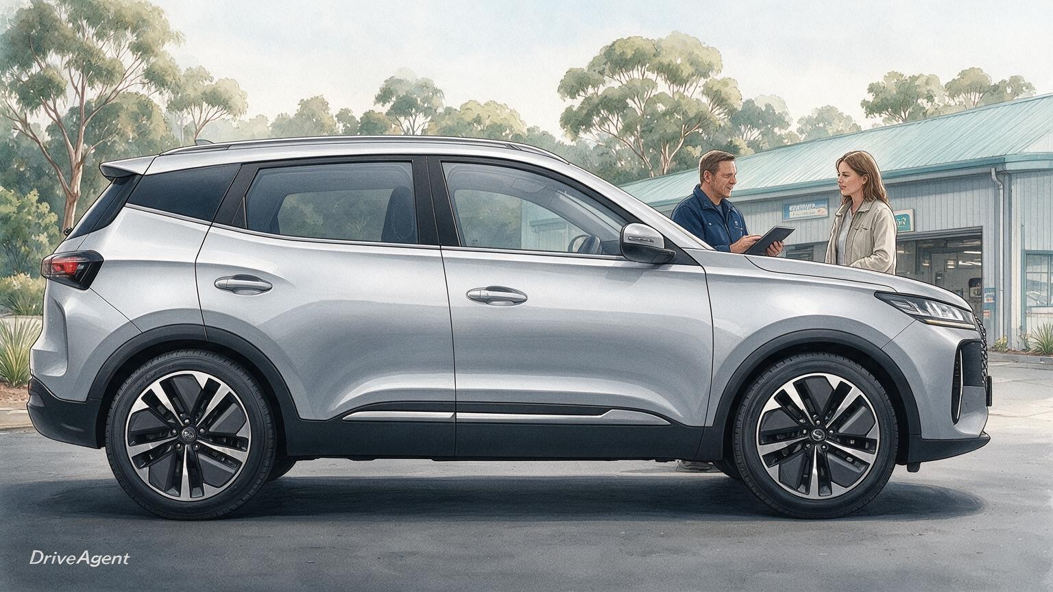 AI editorial illustration of the Chery Tiggo 4 Hybrid