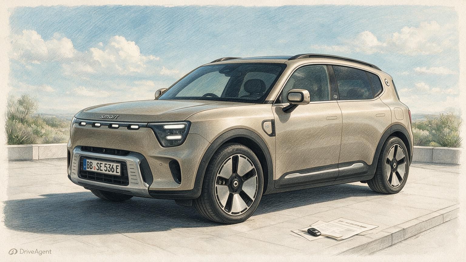 AI editorial illustration of a smart #5 battery-electric SUV, official overseas model photograph