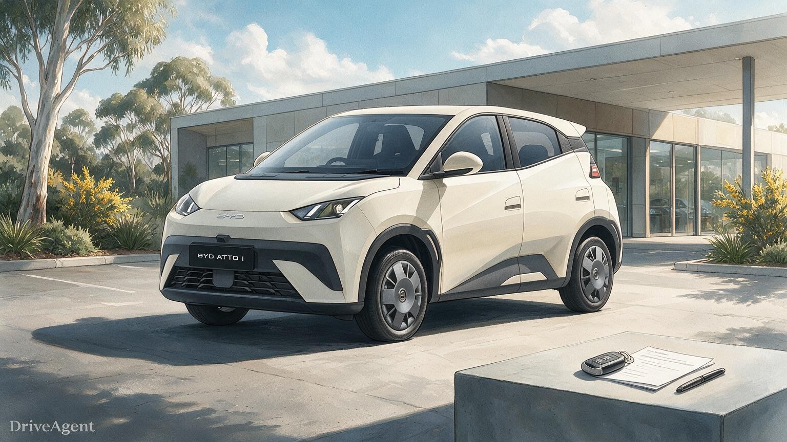 AI editorial illustration of a BYD Atto 1 Essential