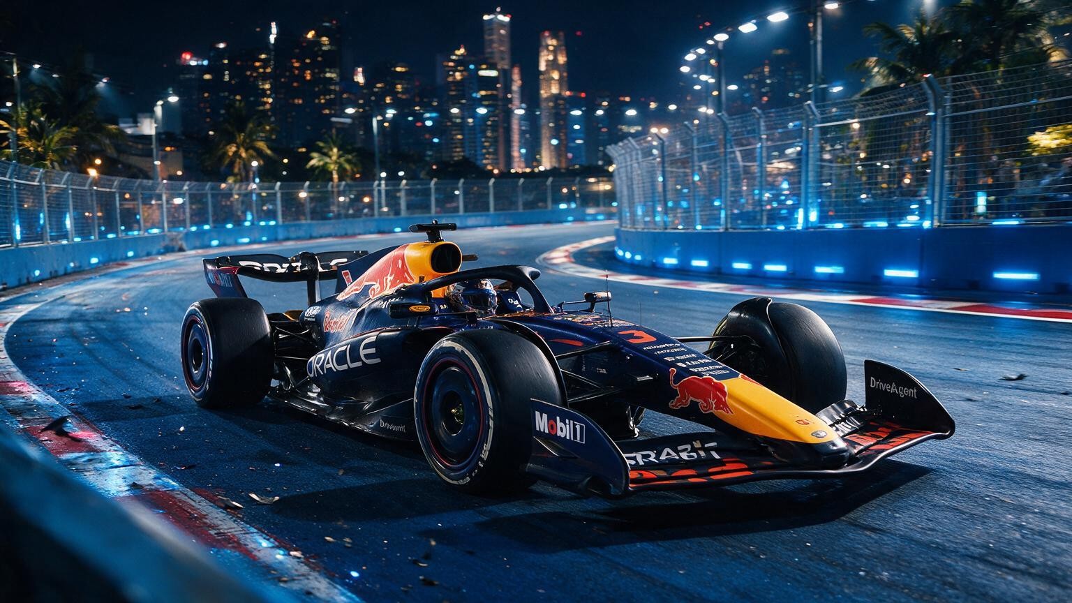 Editorial illustration of Red Bull RB22, Red Bull car number 3, in a racing setting
