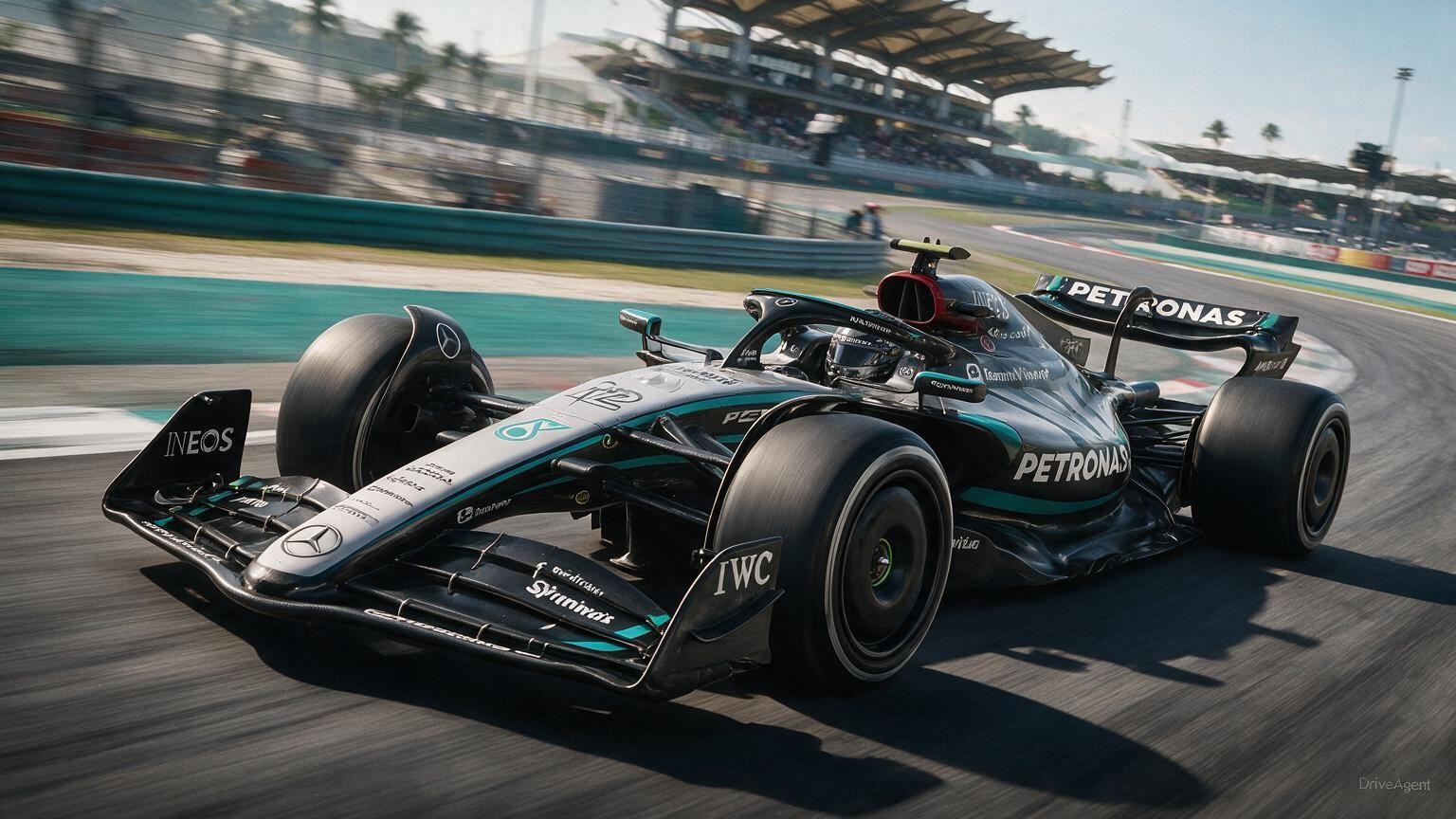 Editorial illustration of Mercedes-AMG W17, Mercedes car number 12, in a racing setting