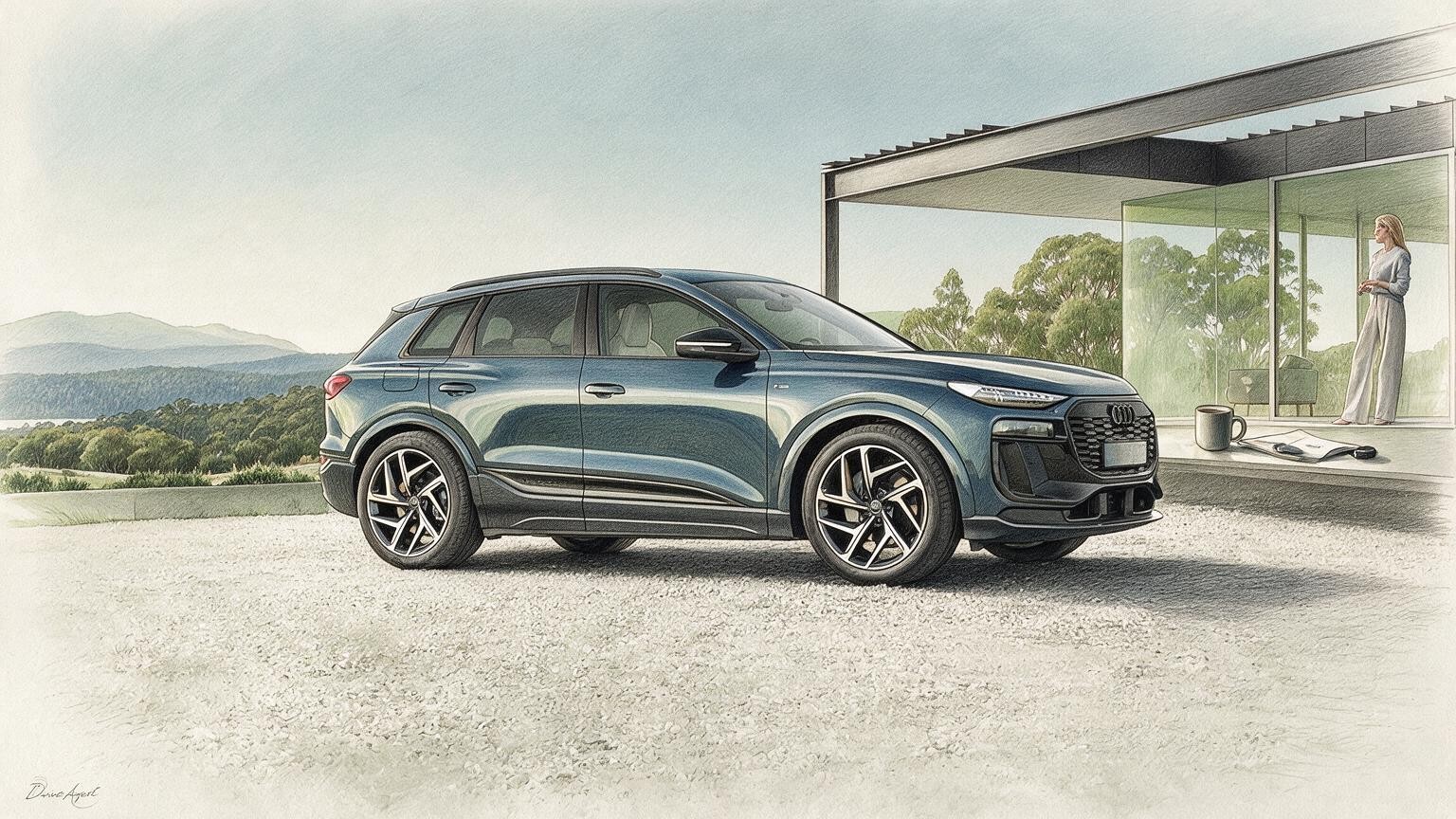 AI editorial illustration of a Q6 e-tron