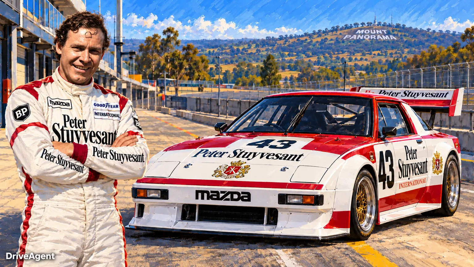 Illustrated portrait of Allan Moffat with a 1983 #43 Mazda RX-7.
