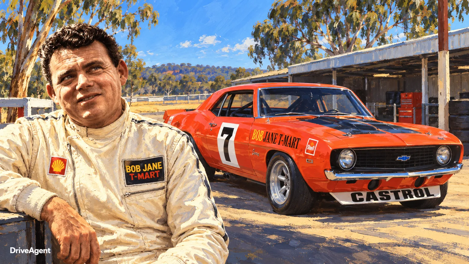 Illustrated portrait of Bob Jane with a 1971 #7 Chevrolet Camaro ZL-1.