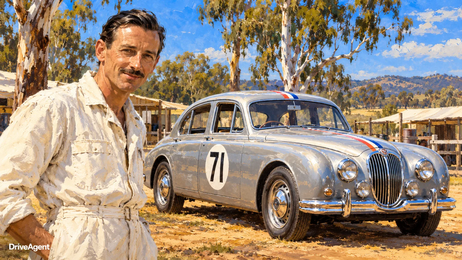 Illustrated portrait of David McKay with a 1958 #71 Jaguar Mk1 3.4.