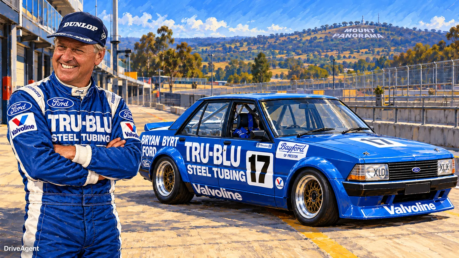 Illustrated portrait of Dick Johnson with a 1981 #17 Tru-Blu Ford XD Falcon.