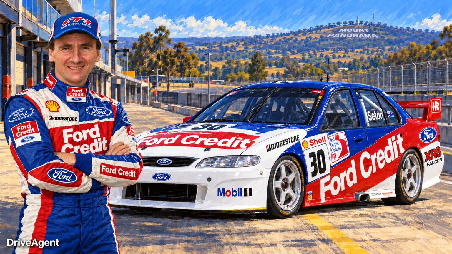 Illustrated portrait of Glenn Seton with a 1997 #30 Ford Credit Ford EL Falcon.