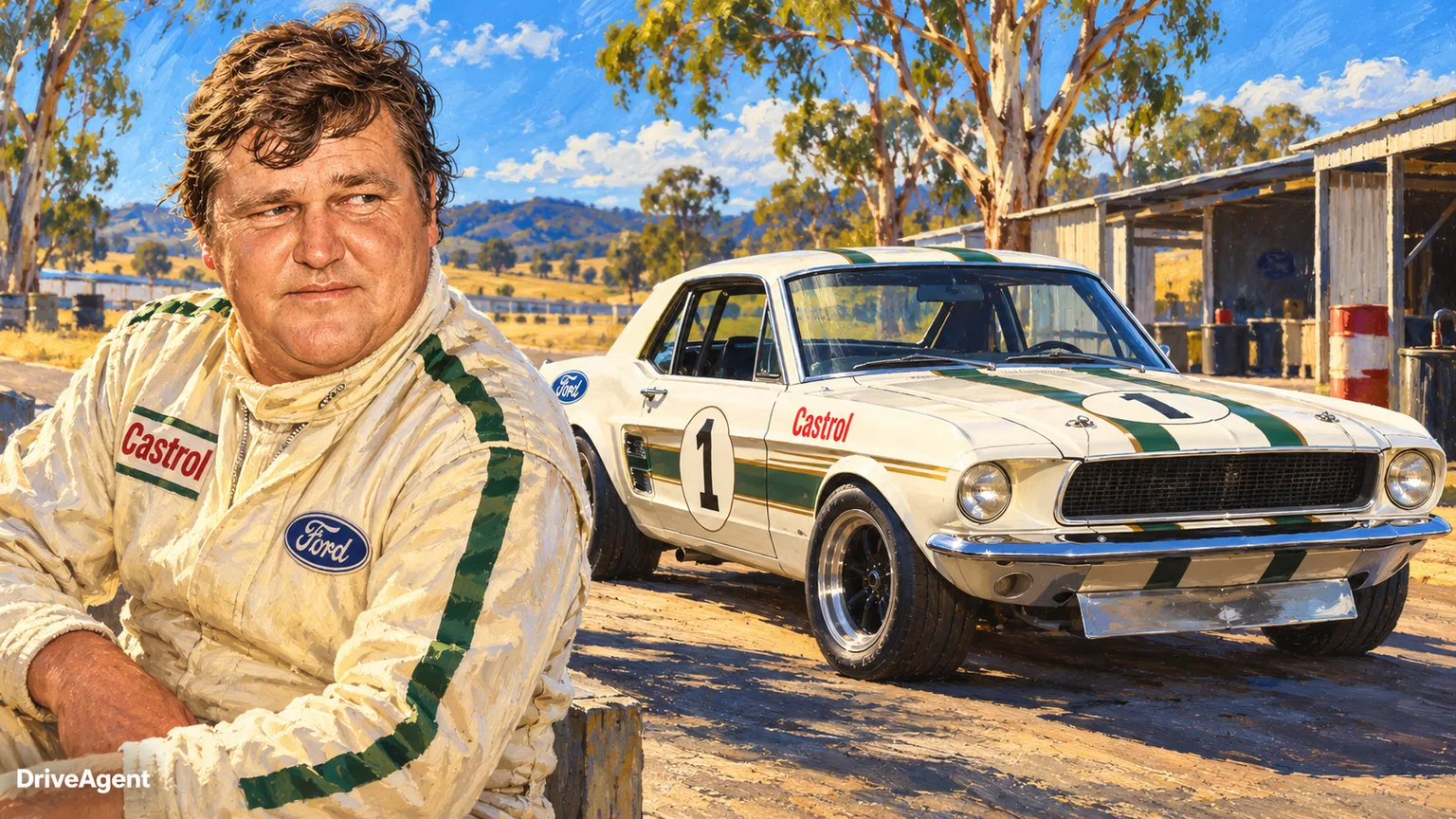 Illustrated portrait of Ian Geoghegan with a 1967 #1 Ford Mustang GTA.
