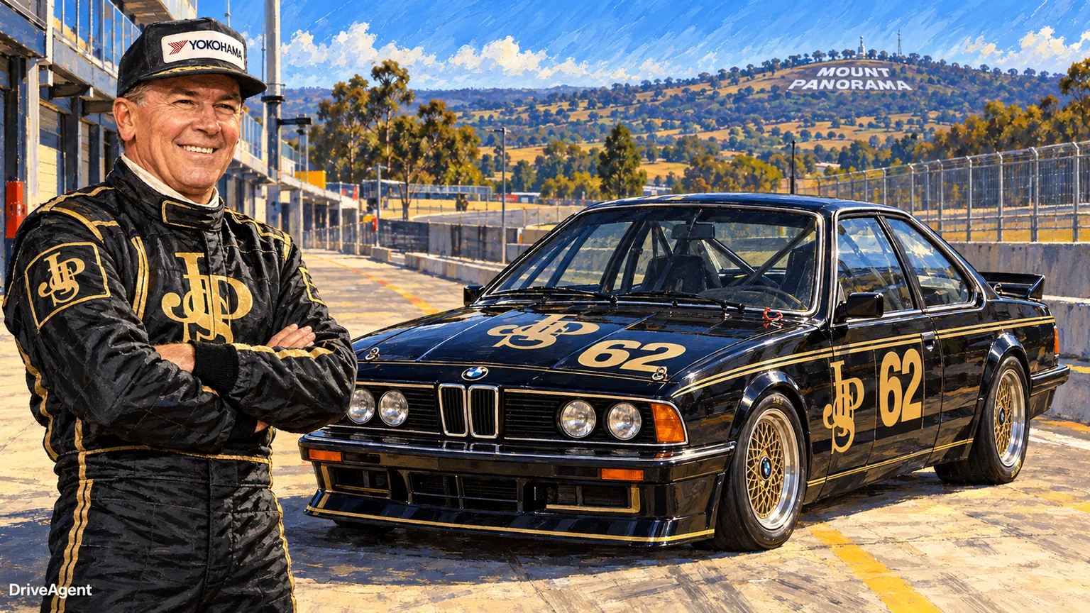 Illustrated portrait of Jim Richards with a 1985 #62 JPS Team BMW 635 CSi.