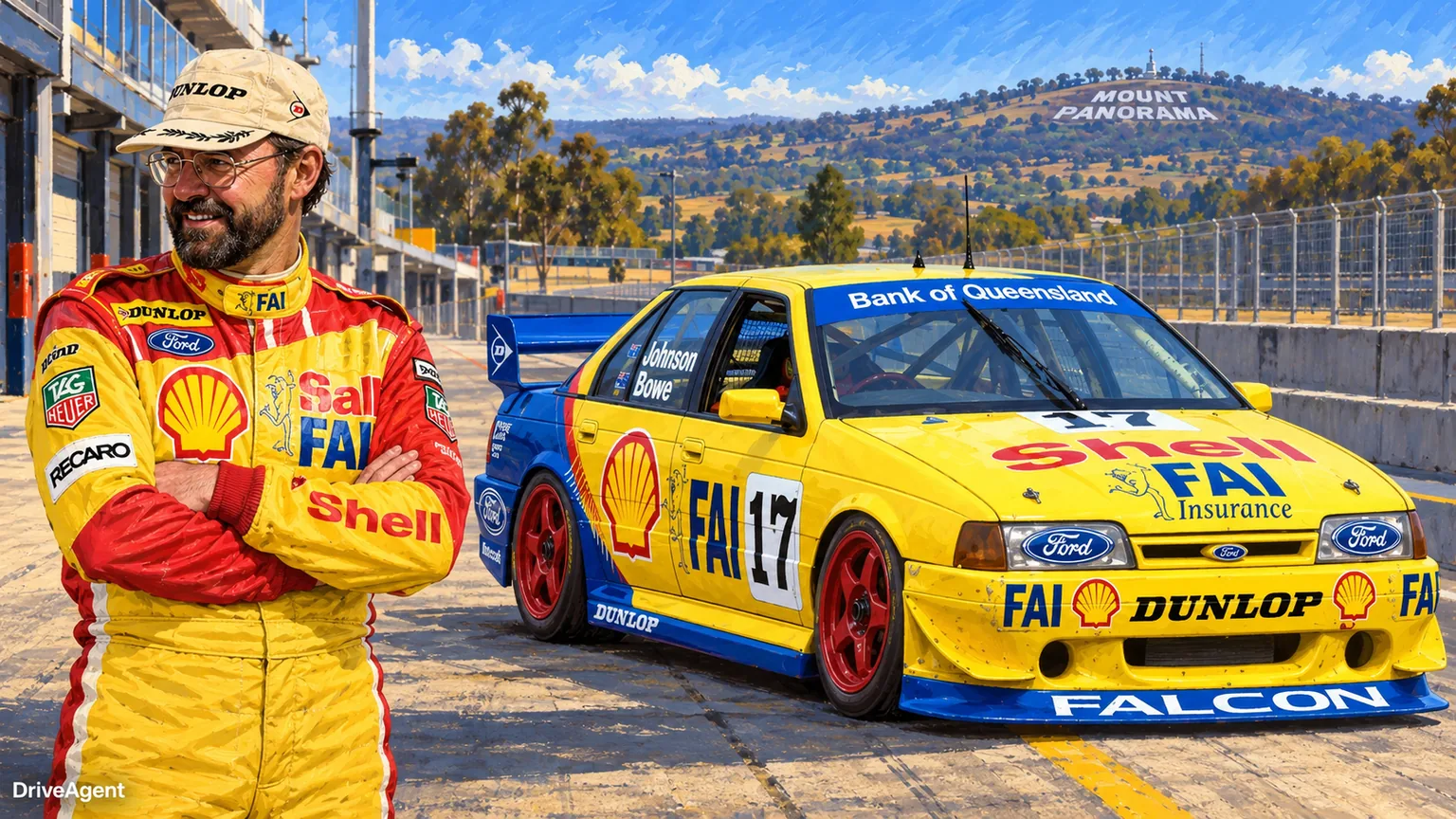 Illustrated portrait of John Bowe with a 1994 #17 Shell-FAI Ford EB Falcon.
