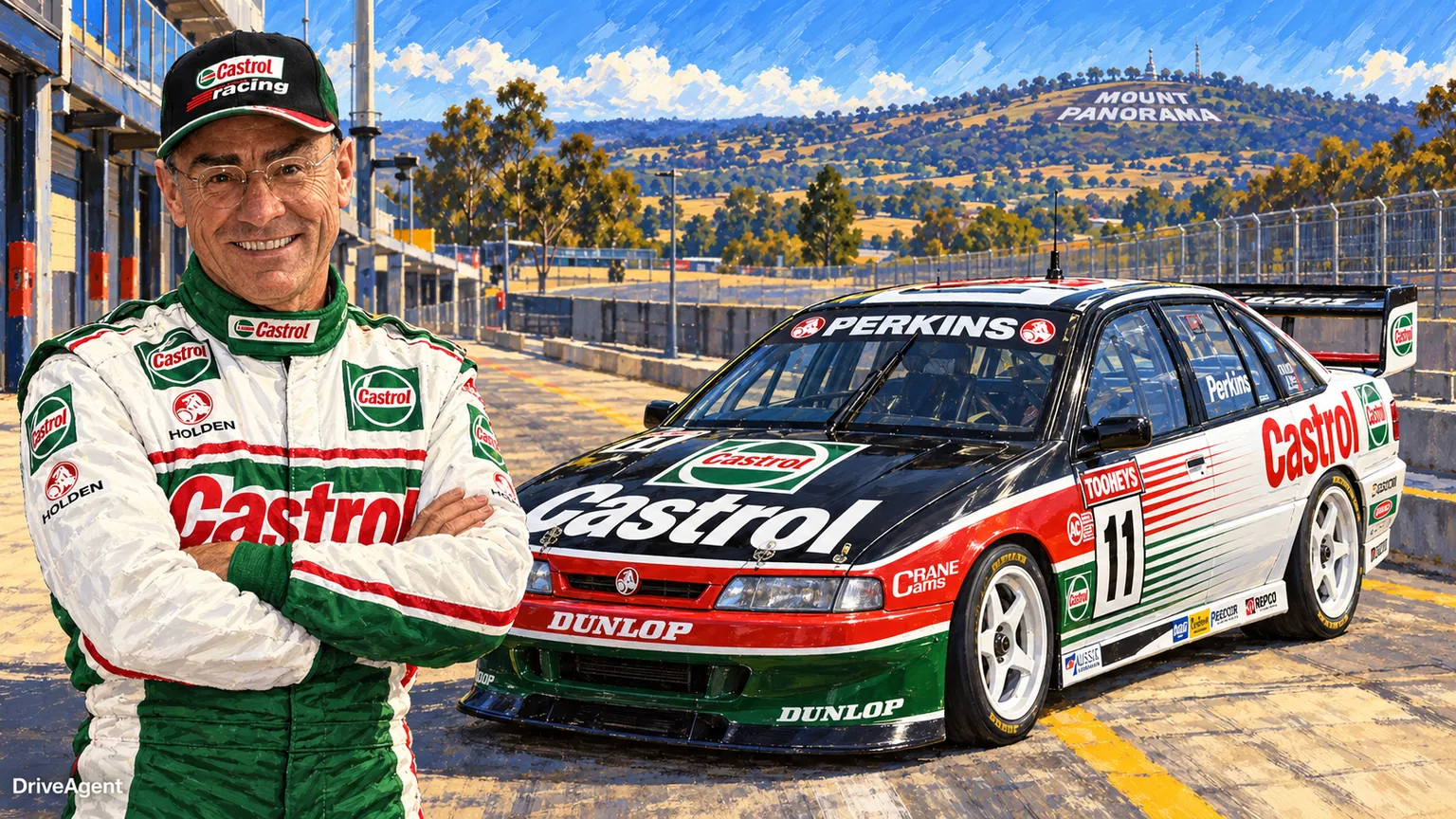 Illustrated portrait of Larry Perkins with a 1995 #11 Castrol Holden VR Commodore.