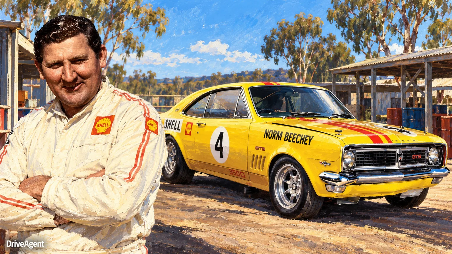 Illustrated portrait of Norm Beechey with a 1970 #4 Shell Holden HT Monaro GTS 350.