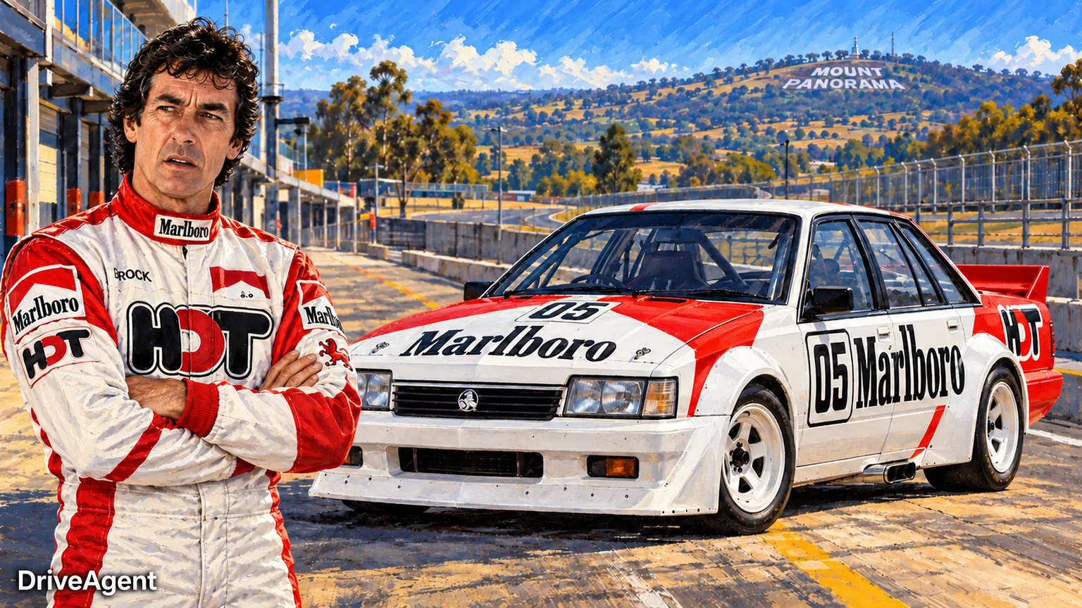 Illustrated portrait of Peter Brock with a 1984 #05 Holden Dealer Team VK Commodore.